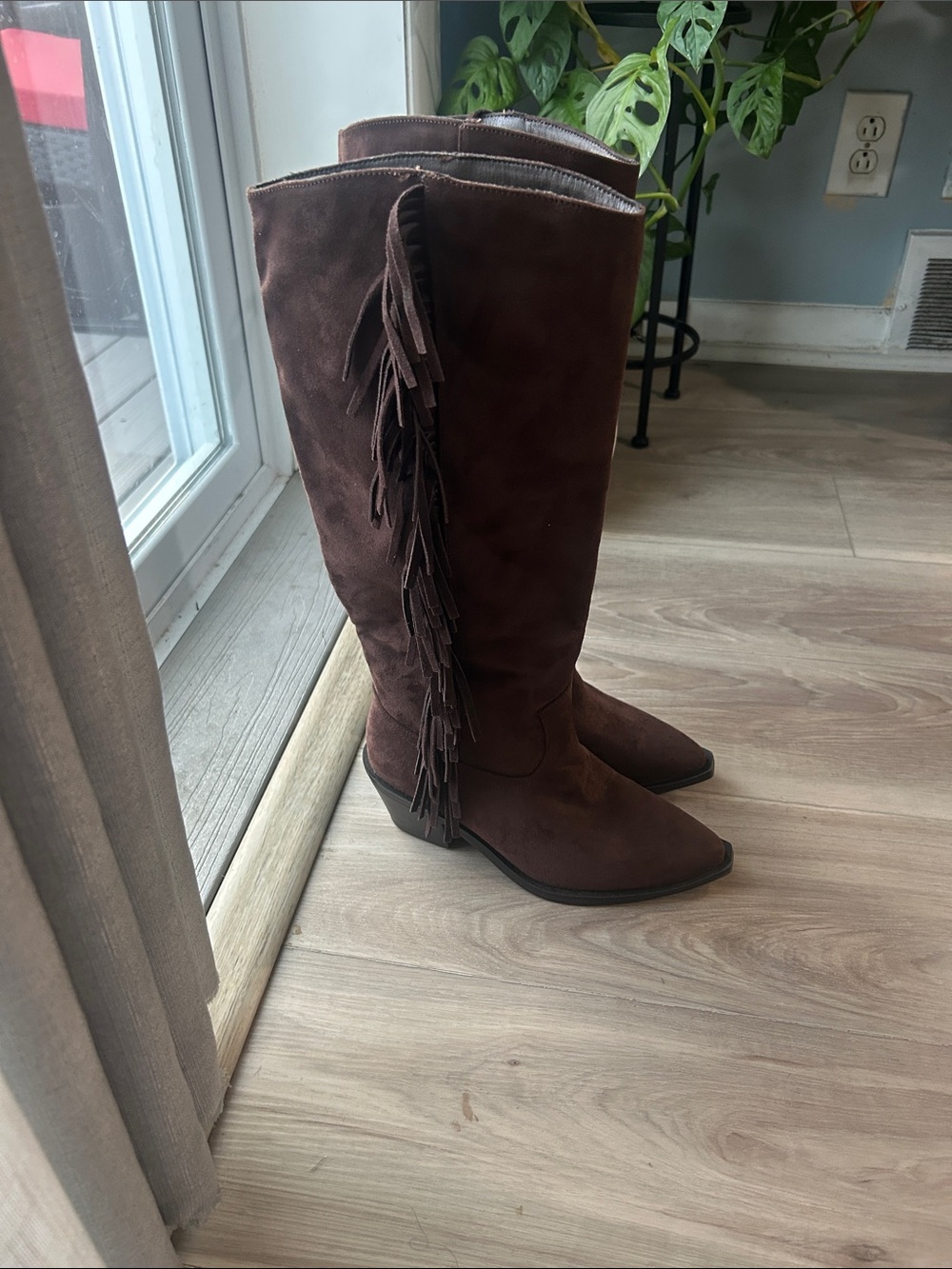 Universal Thread Brown Suede Fringe Knee-High Heeled Boots